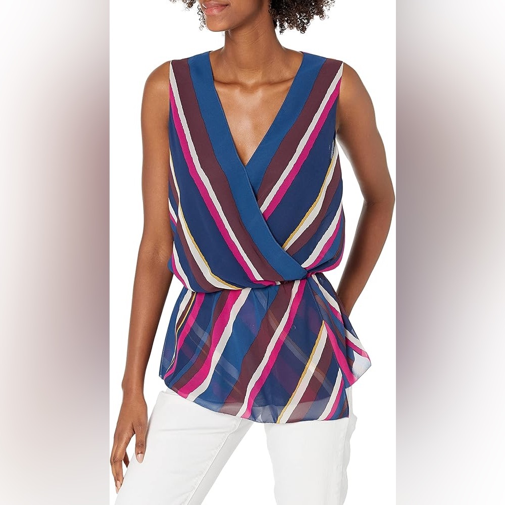 Trina Turk Stellar Surplice V-Neck Multi Stripe Blouse Sz XL Worn Once